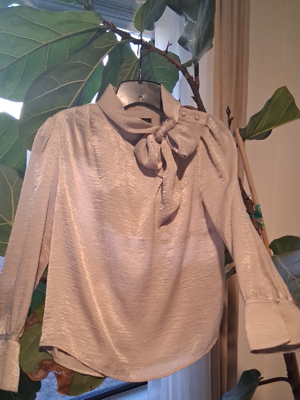 Banana Republic Shimmery Tie-Neck Blouse in Light Beige